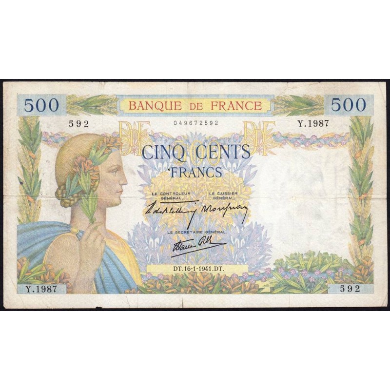 F 32-13 - 16/01/1941 - 500 francs - La Paix - Série Y.1987 - Etat : TB