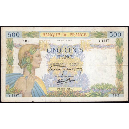 F 32-13 - 16/01/1941 - 500 francs - La Paix - Série Y.1987 - Etat : TB