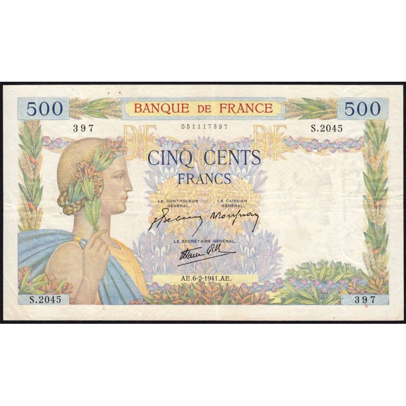 F 32-14 - 06/02/1941 - 500 francs - La Paix - Série S.2045 - Etat : TB+