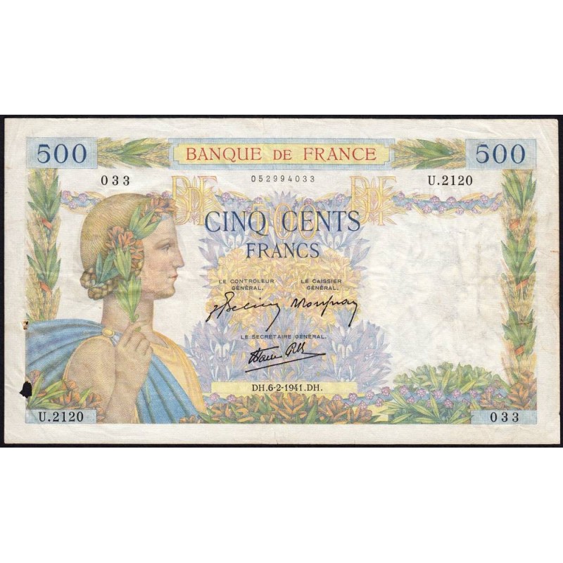 F 32-14 - 06/02/1941 - 500 francs - La Paix - Série U.2120 - Etat : TB-