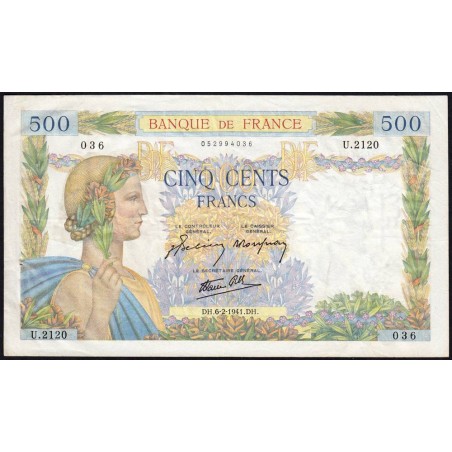F 32-14 - 06/02/1941 - 500 francs - La Paix - Série U.2120 - Etat : TTB-