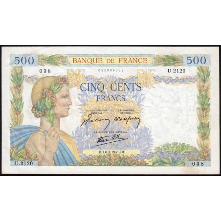 F 32-14 - 06/02/1941 - 500 francs - La Paix - Série U.2120 - Etat : TTB