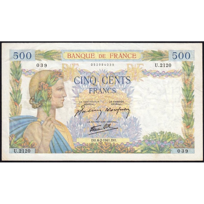 F 32-14 - 06/02/1941 - 500 francs - La Paix - Série U.2120 - Etat : TTB