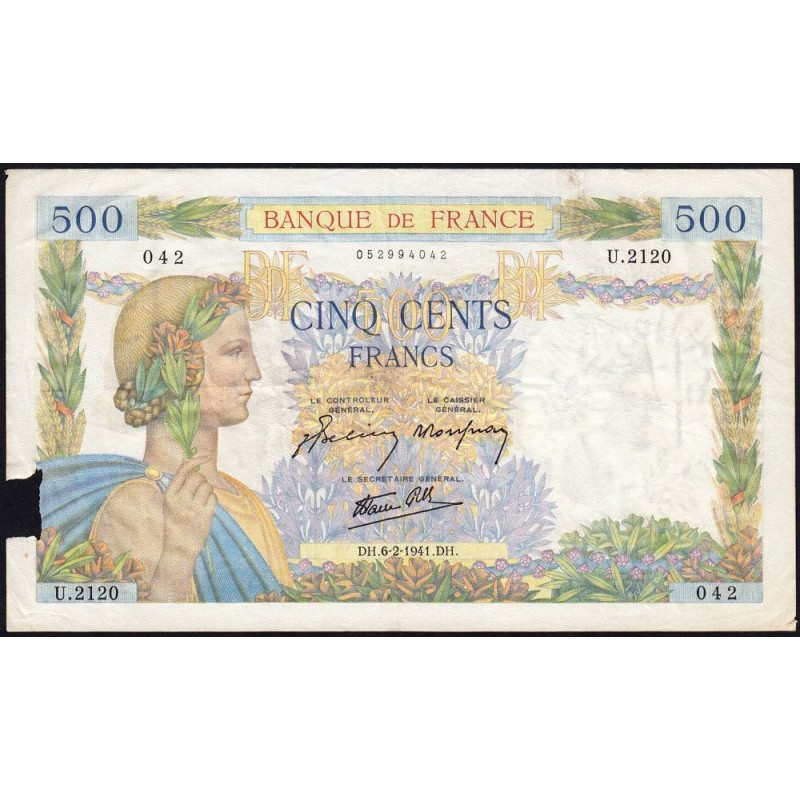 F 32-14 - 06/02/1941 - 500 francs - La Paix - Série U.2120 - Etat : B