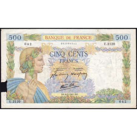 F 32-14 - 06/02/1941 - 500 francs - La Paix - Série U.2120 - Etat : B