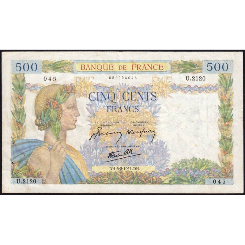 F 32-14 - 06/02/1941 - 500 francs - La Paix - Série U.2120 - Etat : TTB-