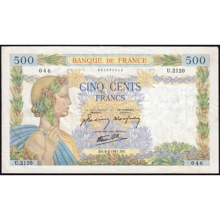 F 32-14 - 06/02/1941 - 500 francs - La Paix - Série U.2120 - Etat : TB+