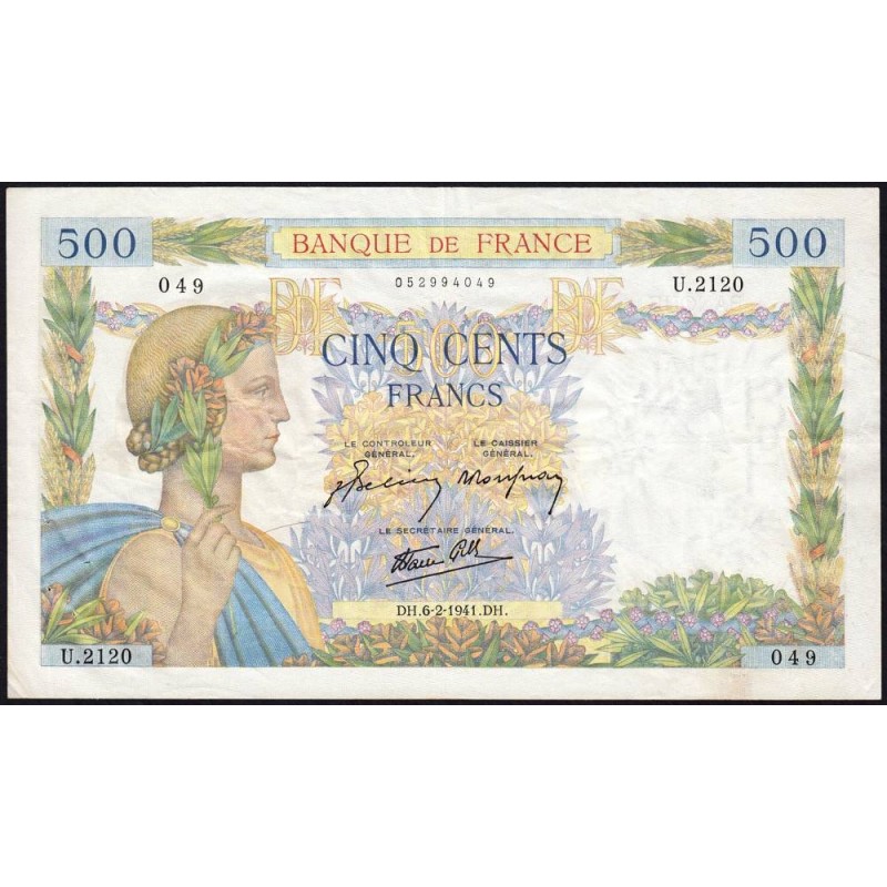 F 32-14 - 06/02/1941 - 500 francs - La Paix - Série U.2120 - Etat : TTB-