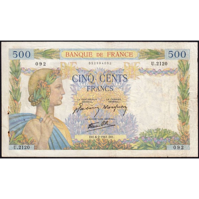 F 32-14 - 06/02/1941 - 500 francs - La Paix - Série U.2120 - Etat : TB