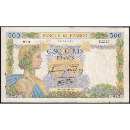 F 32-14 - 06/02/1941 - 500 francs - La Paix - Série U.2120 - Etat : TB