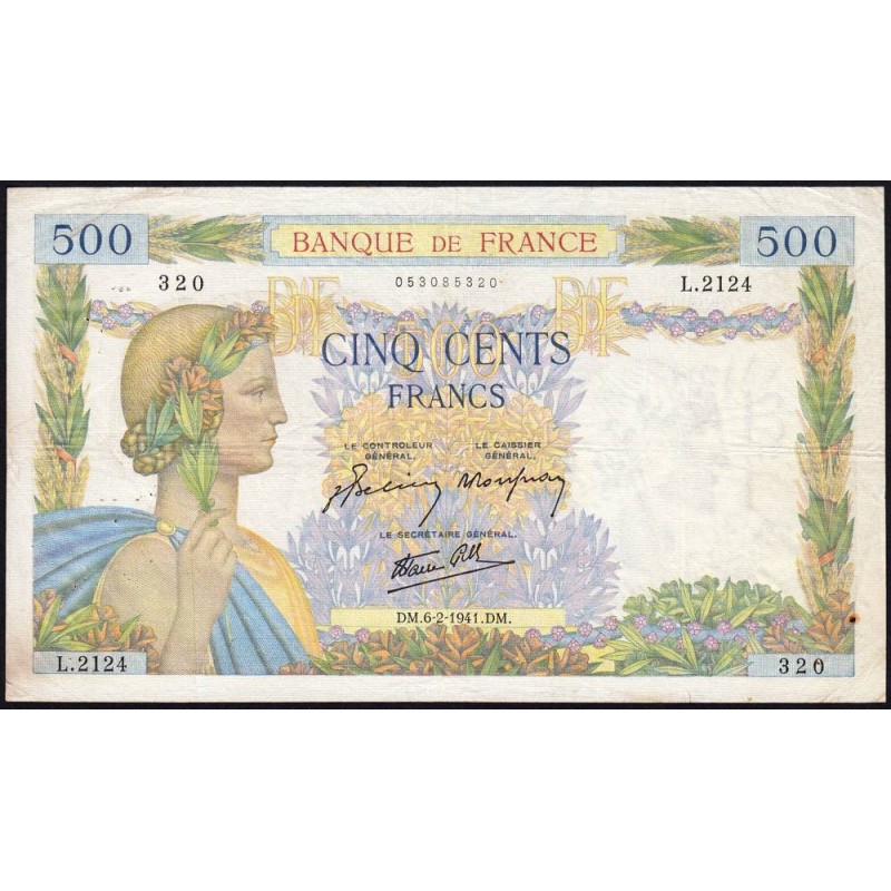 F 32-14 - 06/02/1941 - 500 francs - La Paix - Série L.2124 - Etat : TB+