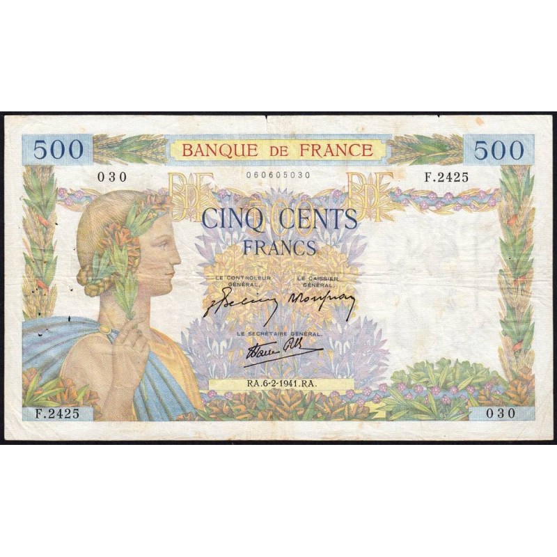 F 32-14 - 06/02/1941 - 500 francs - La Paix - Série F.2425 - Etat : TB