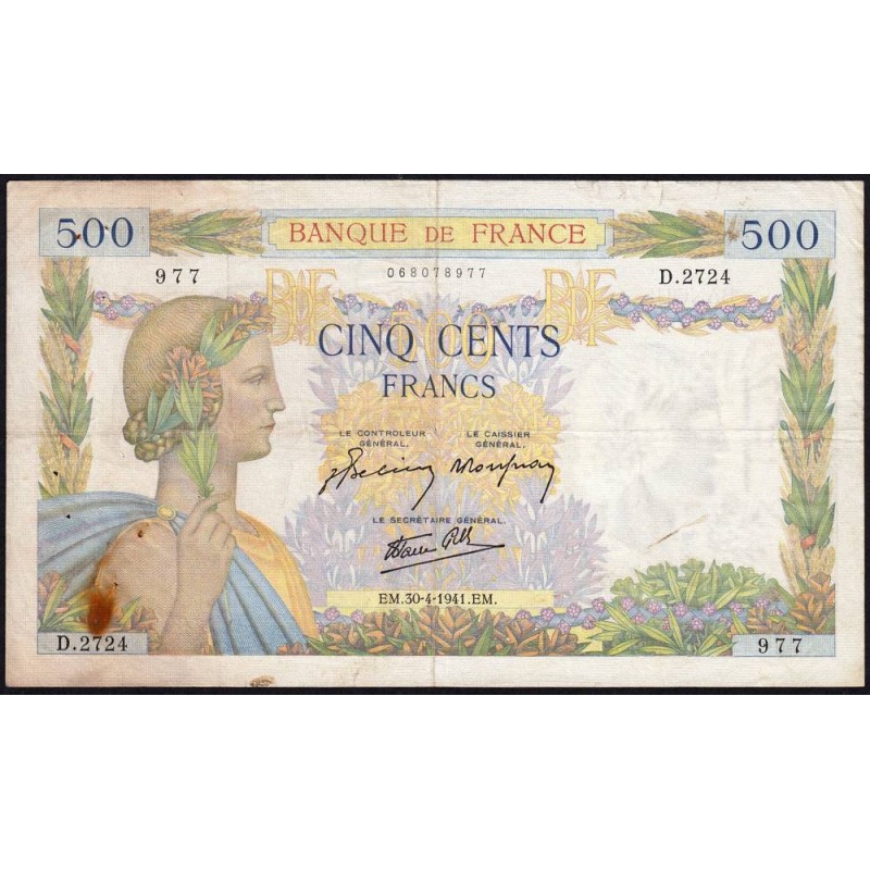 F 32-15 - 30/04/1941 - 500 francs - La Paix - Série D.2724 - Etat : TB-