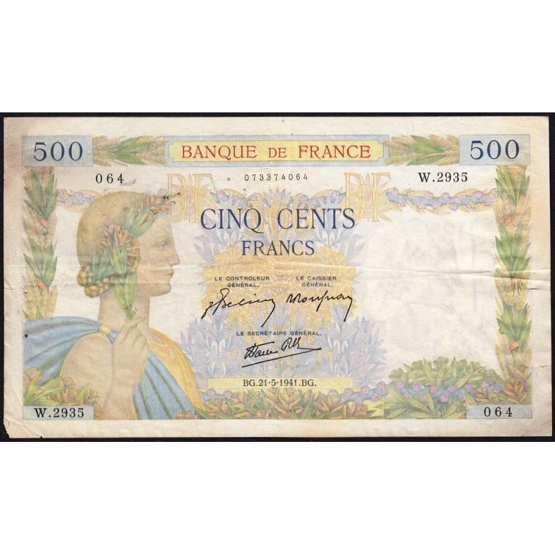 F 32-17 - 21/05/1941 - 500 francs - La Paix - Série W.2935 (remplacement) - Etat : TB