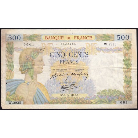 F 32-17 - 21/05/1941 - 500 francs - La Paix - Série W.2935 (remplacement) - Etat : TB