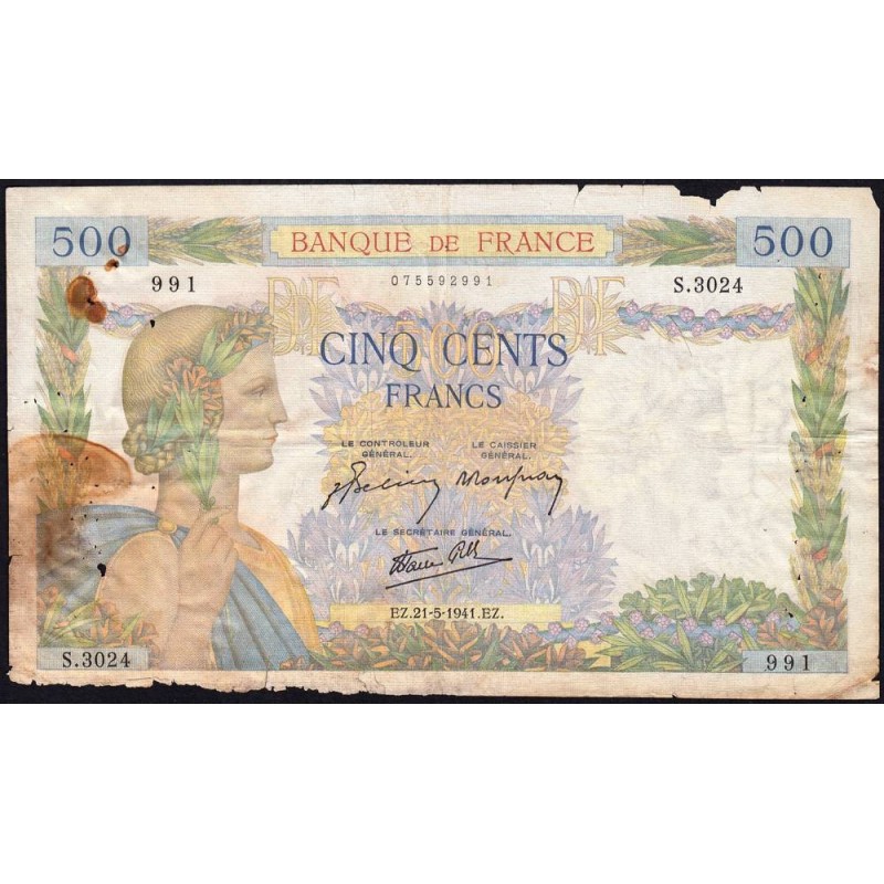 F 32-17 - 21/05/1941 - 500 francs - La Paix - Série S.3024 - Etat : AB