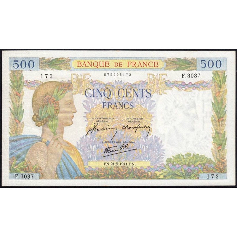 F 32-17 - 21/05/1941 - 500 francs - La Paix - Série F.3037 - Etat : SUP+
