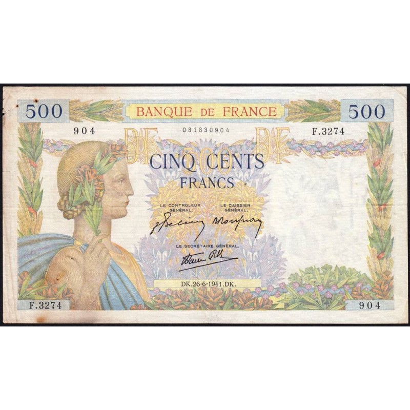 F 32-19 - 26/06/1941 - 500 francs - La Paix - Série F.3274 - Etat : TB