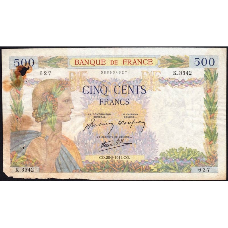 F 32-21 - 28/08/1941 - 500 francs - La Paix - Série K.3542 - Etat : AB