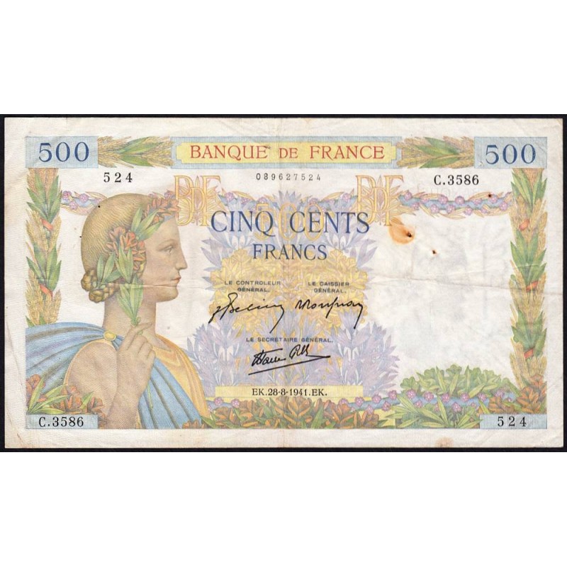 F 32-21 - 28/08/1941 - 500 francs - La Paix - Série C.3586 - Etat : TB-