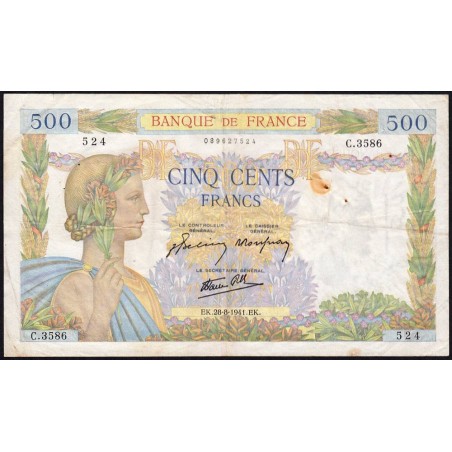 F 32-21 - 28/08/1941 - 500 francs - La Paix - Série C.3586 - Etat : TB-