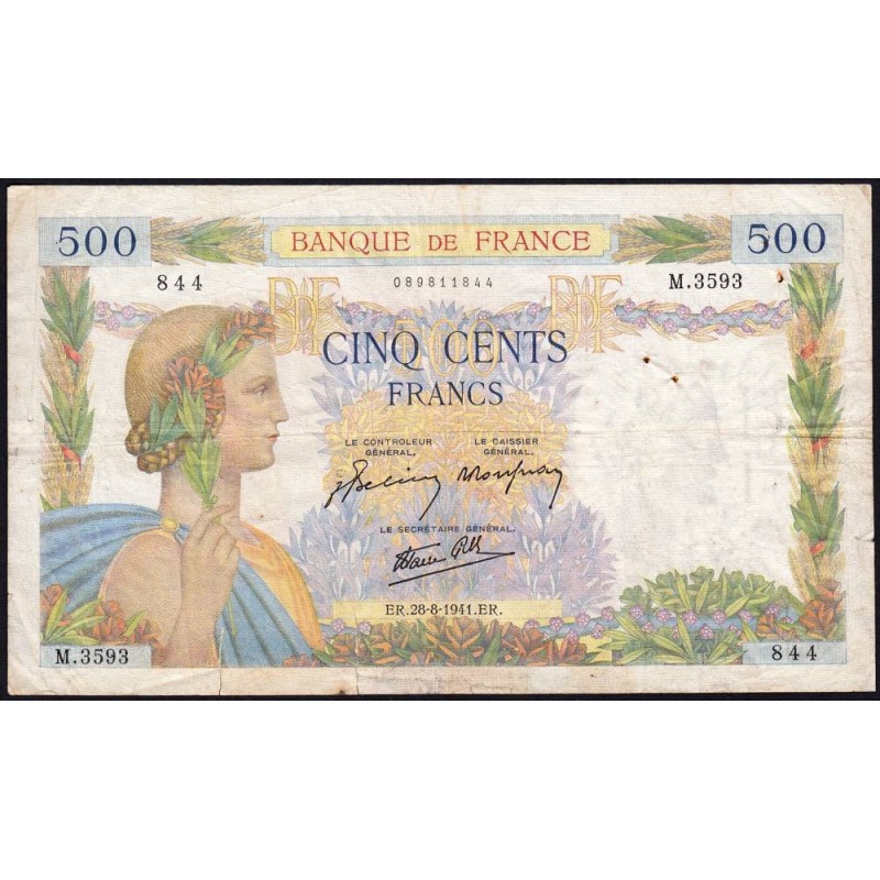 F 32-21 - 28/08/1941 - 500 francs - La Paix - Série M.3593 - Etat : B