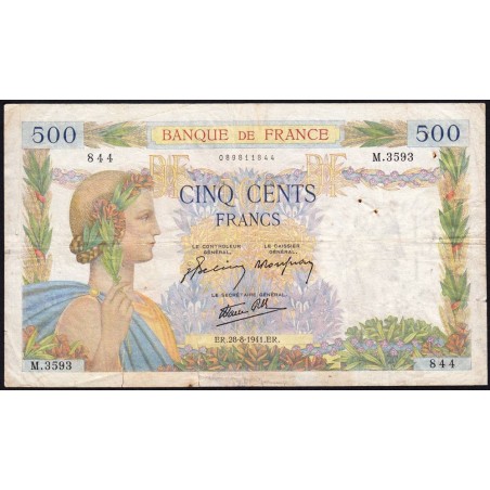 F 32-21 - 28/08/1941 - 500 francs - La Paix - Série M.3593 - Etat : B