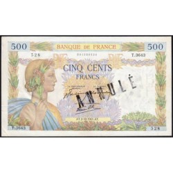 F 32-22 - 02/10/1941 - 500 francs - La Paix - Série T.3643 - Annulé - Etat : TTB