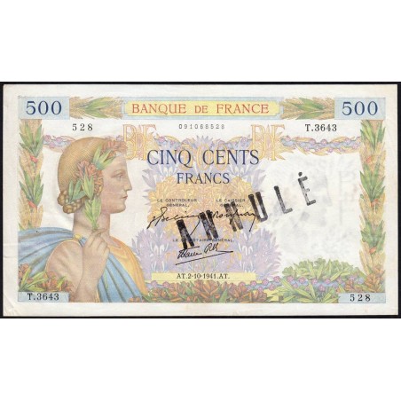 F 32-22 - 02/10/1941 - 500 francs - La Paix - Série T.3643 - Annulé - Etat : TTB