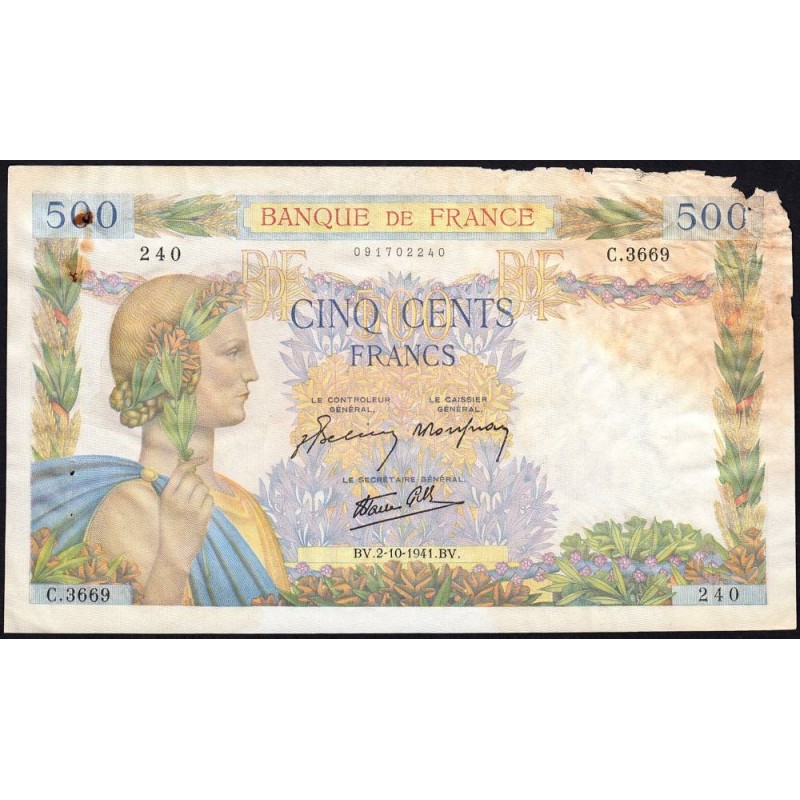 F 32-22 - 02/10/1941 - 500 francs - La Paix - Série C.3669 - Etat : AB