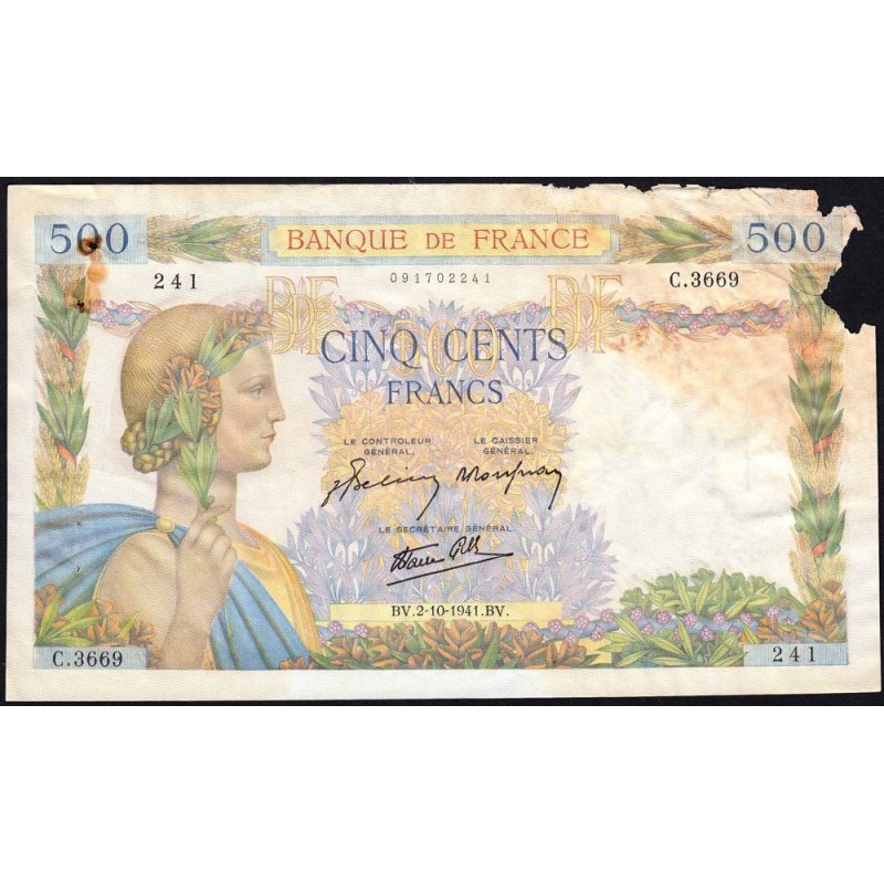 F 32-22 - 02/10/1941 - 500 francs - La Paix - Série C.3669 - Etat : AB