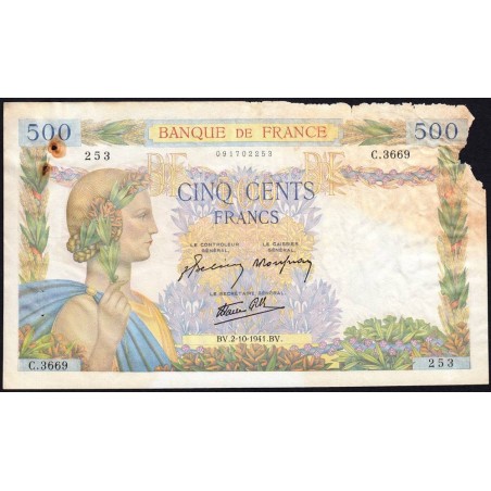 F 32-22 - 02/10/1941 - 500 francs - La Paix - Série C.3669 - Etat : AB