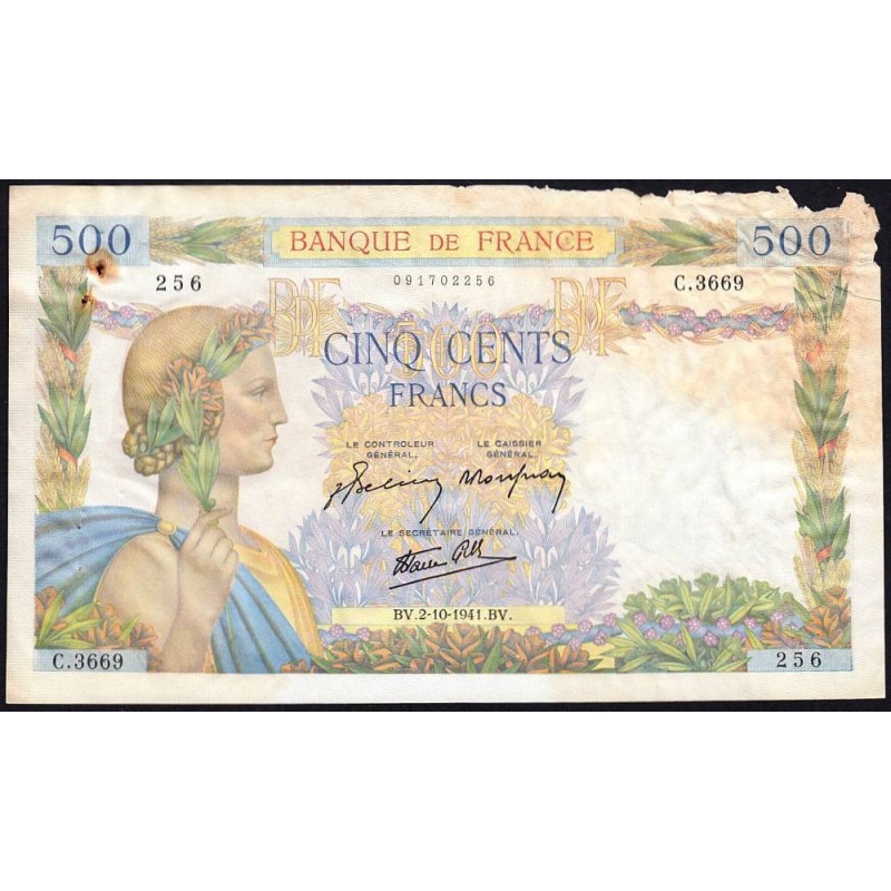 F 32-22 - 02/10/1941 - 500 francs - La Paix - Série C.3669 - Etat : AB