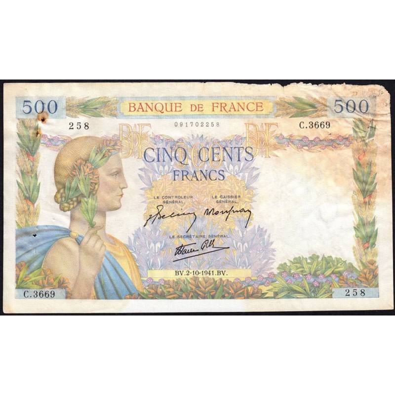F 32-22 - 02/10/1941 - 500 francs - La Paix - Série C.3669 - Etat : B