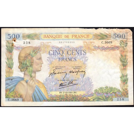 F 32-22 - 02/10/1941 - 500 francs - La Paix - Série C.3669 - Etat : B