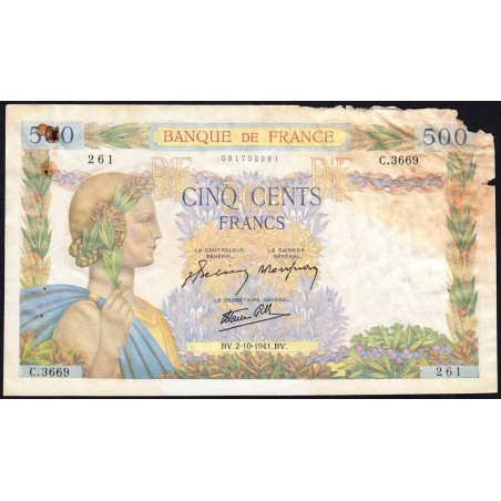 F 32-22 - 02/10/1941 - 500 francs - La Paix - Série C.3669 - Etat : AB