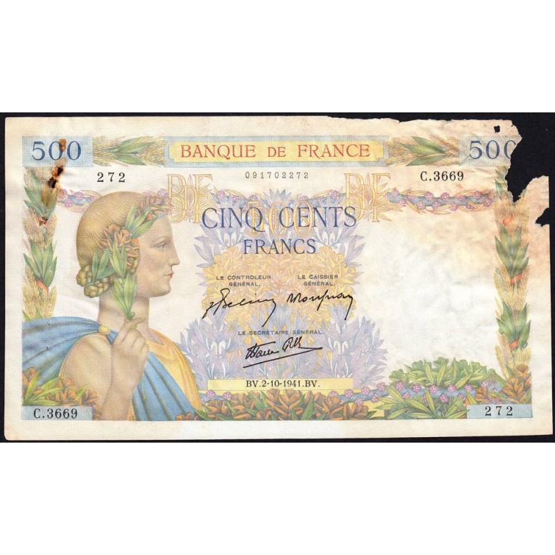 F 32-22 - 02/10/1941 - 500 francs - La Paix - Série C.3669 - Etat : AB