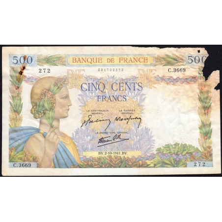 F 32-22 - 02/10/1941 - 500 francs - La Paix - Série C.3669 - Etat : AB