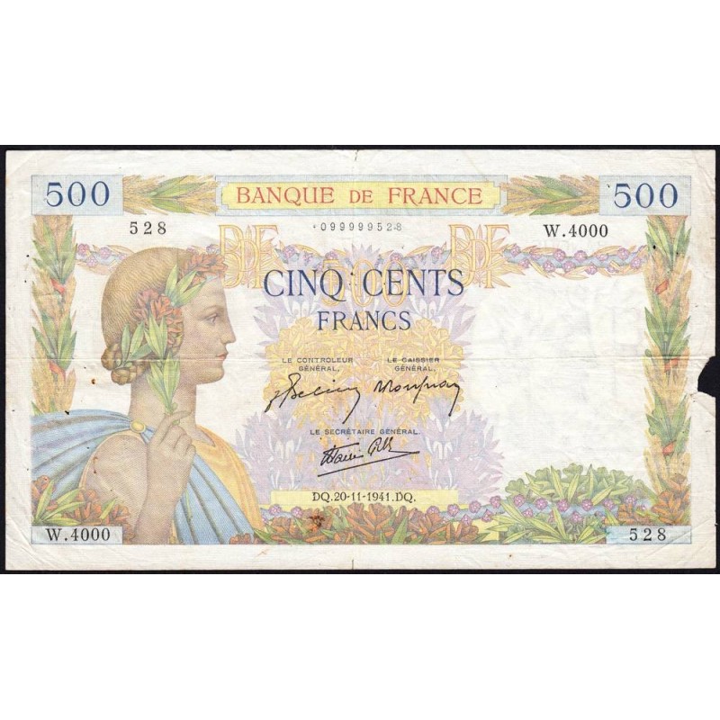 F 32-24 - 20/11/1941 - 500 francs - La Paix - Série W.4000 (remplacement) - Etat : TB-