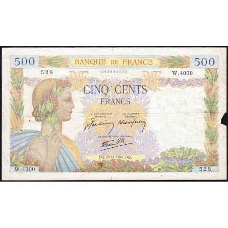 F 32-24 - 20/11/1941 - 500 francs - La Paix - Série W.4000 (remplacement) - Etat : TB-