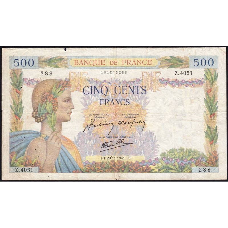 F 32-24 - 20/11/1941 - 500 francs - La Paix - Série Z.4051 - Etat : TB-