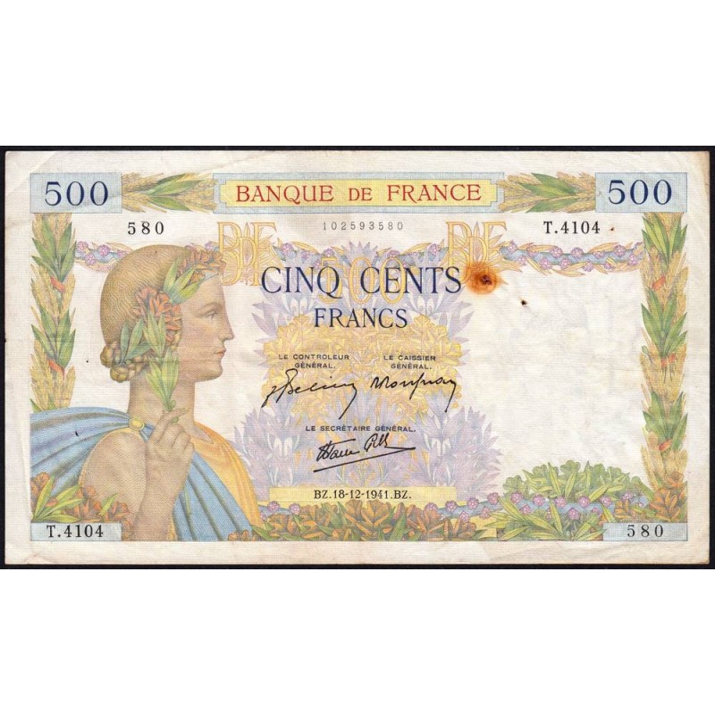 F 32-25 - 18/12/1941 - 500 francs - La Paix - Série T.4104 - Etat : TB