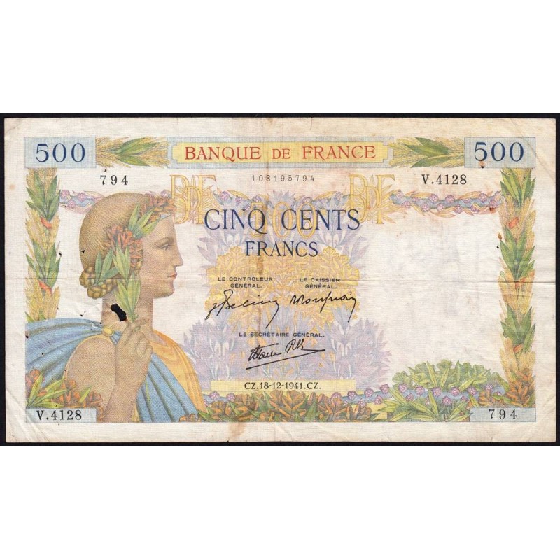 F 32-25 - 18/12/1941 - 500 francs - La Paix - Série V.4128 - Etat : B