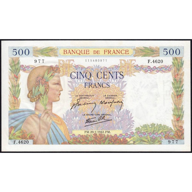 F 32-28 - 29/01/1942 - 500 francs - La Paix - Série F.4620 - Etat : SPL+