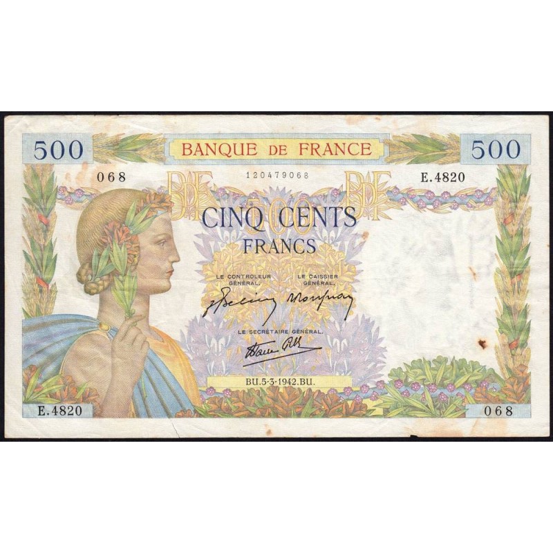F 32-30 - 05/03/1942 - 500 francs - La Paix - Série E.4820 - Etat : TB