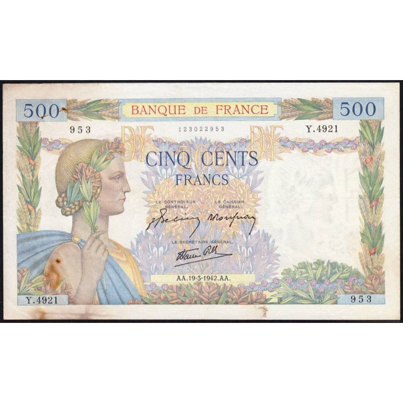 F 32-31 - 19/03/1942 - 500 francs - La Paix - Série Y.4921 - Etat : TTB-