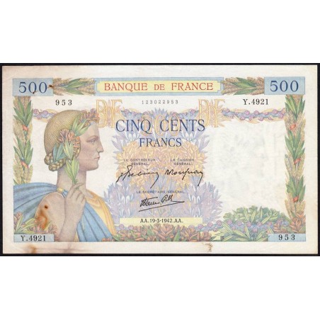 F 32-31 - 19/03/1942 - 500 francs - La Paix - Série Y.4921 - Etat : TTB-
