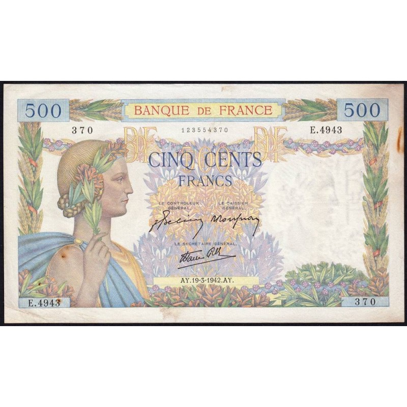 F 32-31 - 19/03/1942 - 500 francs - La Paix - Série E.4943 - Etat : TTB