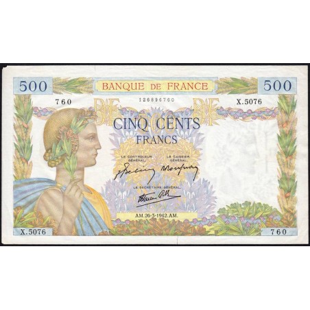 F 32-32 - 26/03/1942 - 500 francs - La Paix - Série X.5076 - Etat : TTB-