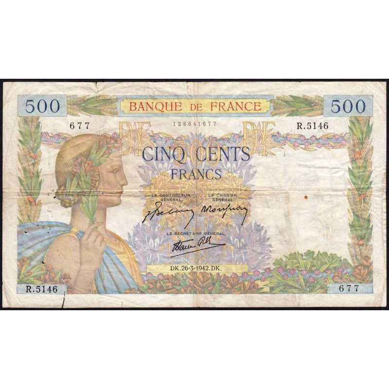 F 32-32 - 26/03/1942 - 500 francs - La Paix - Série R.5146 - Etat : B+